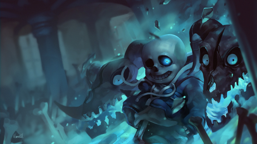 1boy, artist_name, bone, gasterblaster, genocide_route_(undertale), glowing, glowing_eye, hands_in_pockets