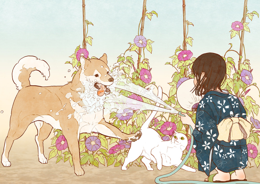 1girl, akita_inu, black_eyes, brown_hair, cat, dog, fan, flower