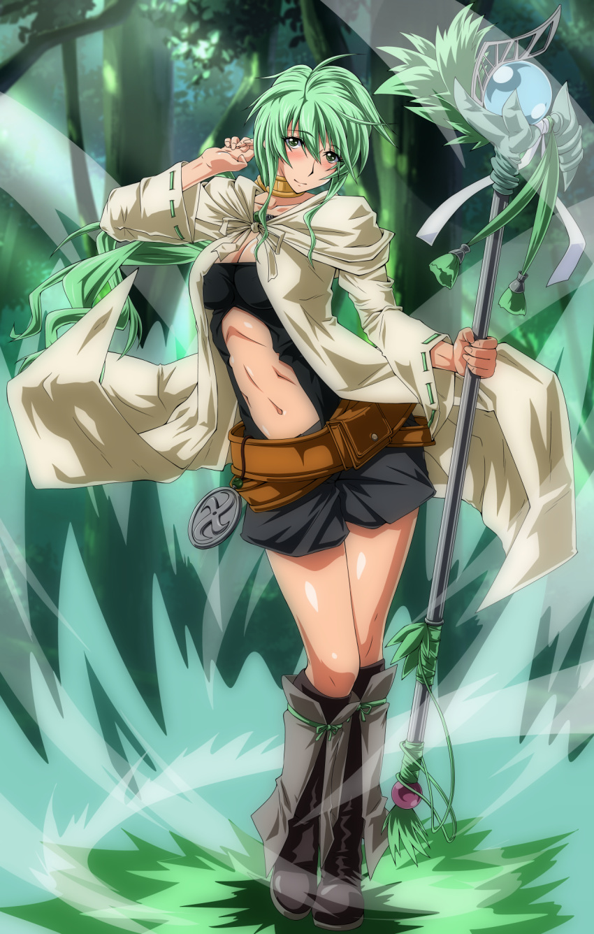 1girl, blush, breasts, caam_serenity_of_gusto, cleavage, collar, collarbone, duel_monster, forest, green_eyes, green_hair, highres, jewelry, long_hair, looking_at_viewer, midriff, nature, navel, ponytail, smile, solo, staff, tore-saki, yuu-gi-ou