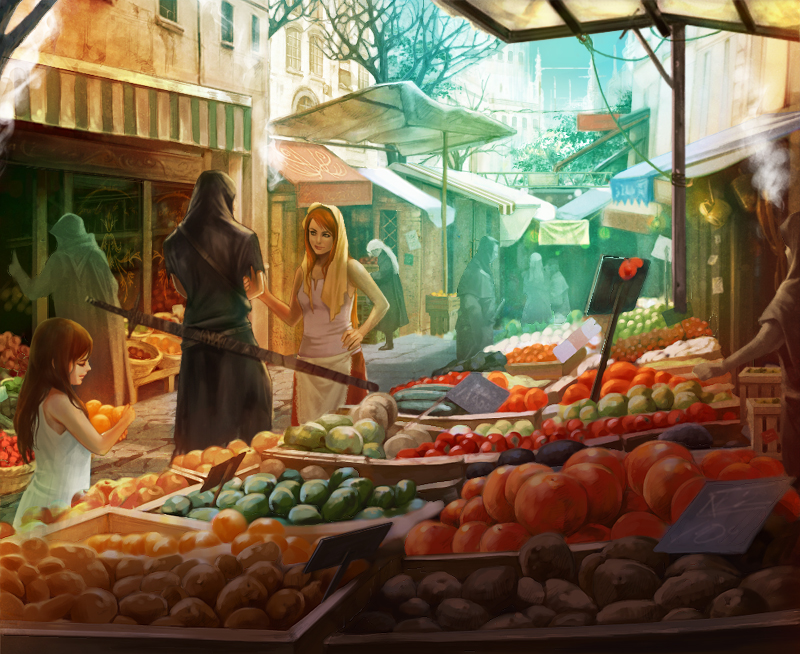 brown_hair, child, food, fruit, fruits, hood, orange_hair, sae_(artist)