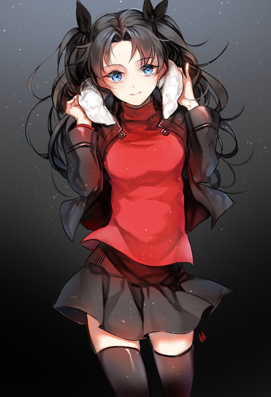 1girl, bangs, black_background, black_hair, black_jacket, black_legwear, black_ribbon, black_skirt, blue_eyes, chico907, closed_mouth, cowboy_shot, fate/stay_night, fate_(series), fur_trim, gradient, gradient_background, hair_ribbon, hands_up, jacket, long_hair, long_sleeves, parted_bangs, pleated_skirt, ribbon, skirt, smile, solo, thigh-highs, toosaka_rin, turtleneck, two_side_up
