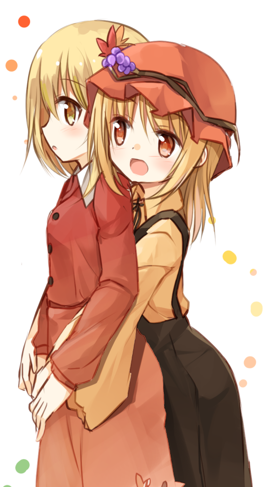 2girls, aki_minoriko, aki_shizuha, apron, blonde_hair, dress, food, fruit