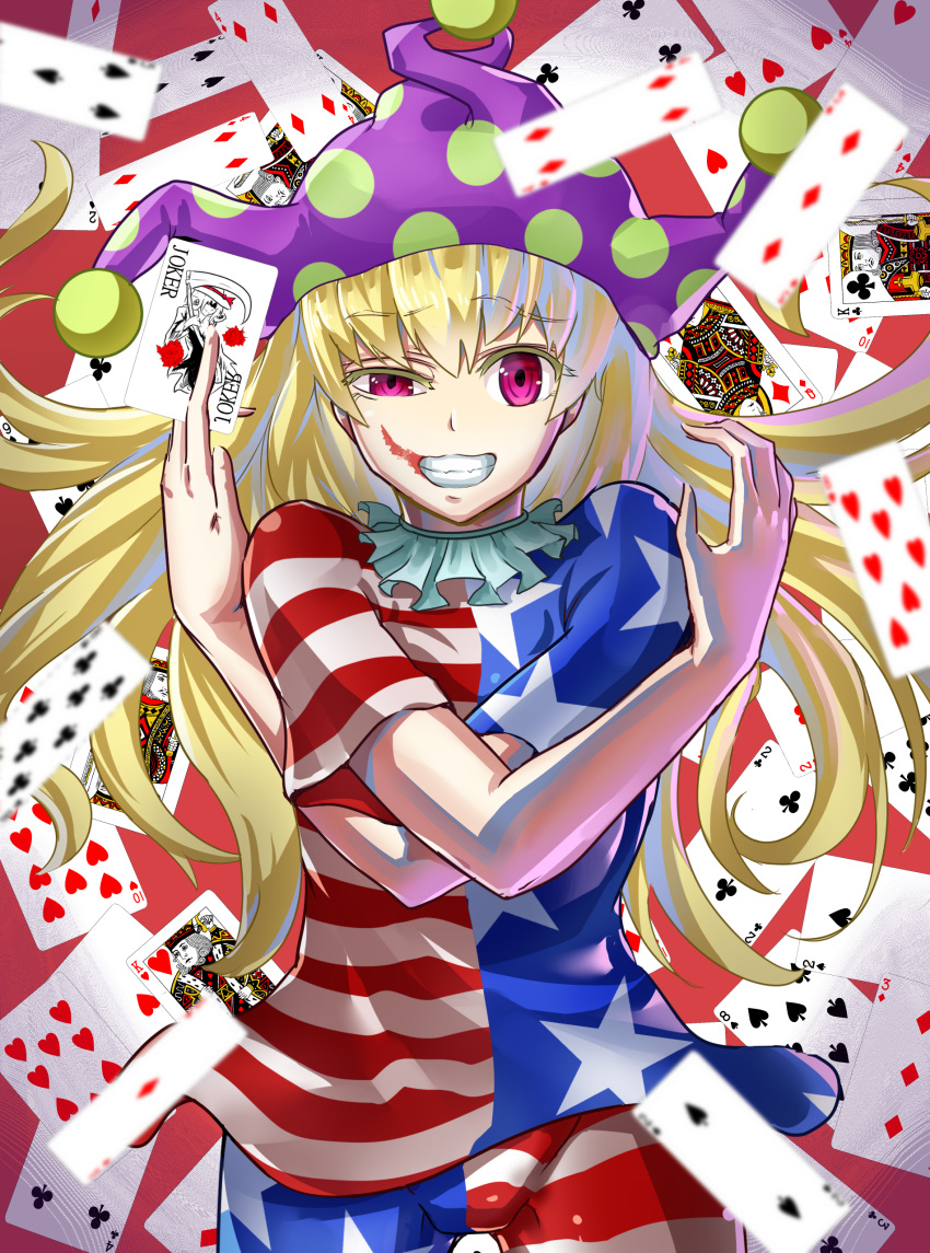 1girl, absurdres, american_flag_legwear, american_flag_shirt, bangs, between_fingers, blonde_hair, card