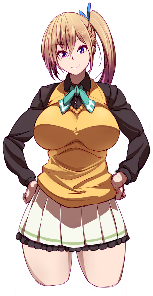 1girl, akirt, blonde_hair, breasts, cropped_legs, hands_on_hips, kawakami_mai, kuma8132, long_hair, mole, mole_under_eye, musaigen_no_phantom_world, side_ponytail, simple_background, smile, solo, vest, violet_eyes, white_background