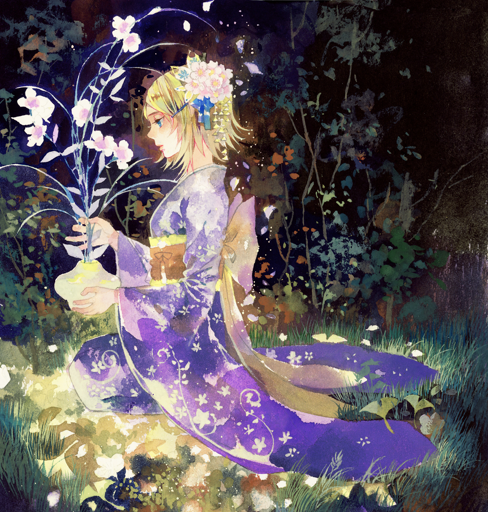 1girl, alternate_costume, blonde_hair, blue_eyes, eyelashes, flower, from_side, ginkgo