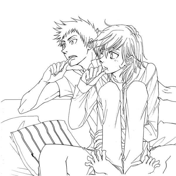 barefoot, dino, fork_in_mouth, higashiyama_kazuko, katekyo_hitman_reborn, lineart, monochrome, short_hair