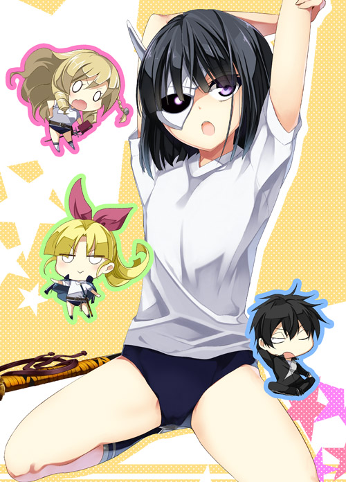 1boy, 3girls, :>, belt, black_hair, blonde_hair, bow, braid