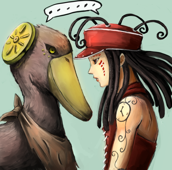 ..., 1boy, beak, bird, black_hair, boku_no_rhythm_wo_kiitekure_(stand), from_side, hairlocs