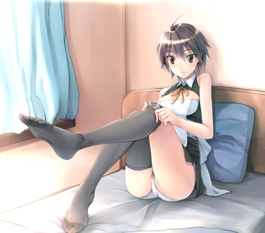 ass, bed, brown_eyes, brown_hair, dream_c_club, feet, gray_thighhighs, highres
