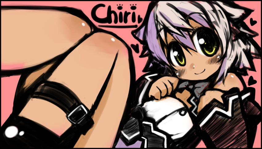 1girl, black_border, blush, border, bowtie, character_name, chiri_(dream_c_club_gogo.), dark_skin