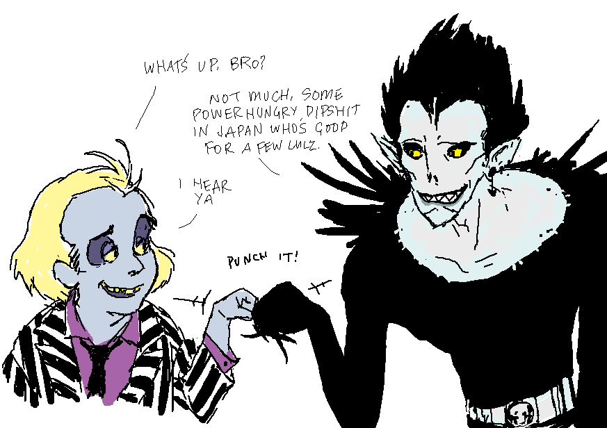 2boys, beetlejuice, beetlejuice_(character), crossover, death_note, english, male_focus, multiple_boys