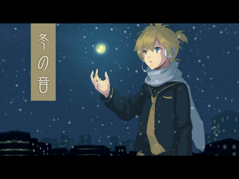 blonde_hair, blue_eyes, headphones, headset, kagamine_len, male, musical_note, scarf