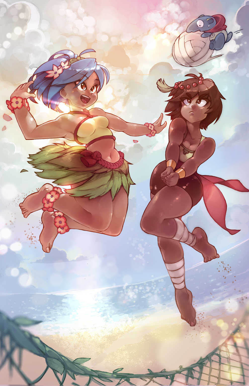 2girls, ajna_(indivisible), ankle_flower, ankle_wraps, anklet, ball, barefoot, beach