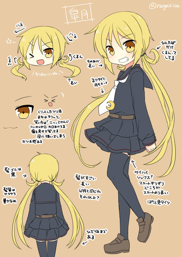 >_<, 1girl, :d, blonde_hair, closed_eyes, crescent_moon_pin, how_to, kantai_collection