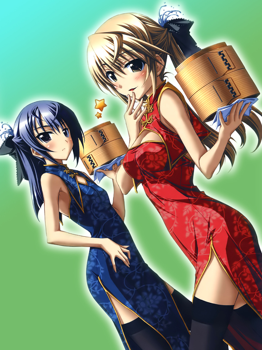 black_legwear, black_thighhighs, blonde_hair, blue_hair, blush, bow, breasts, brown_eyes