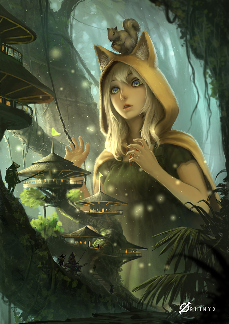 1girl, animal_ears, blonde_hair, blue_eyes, fern, forest, leaf, long_hair