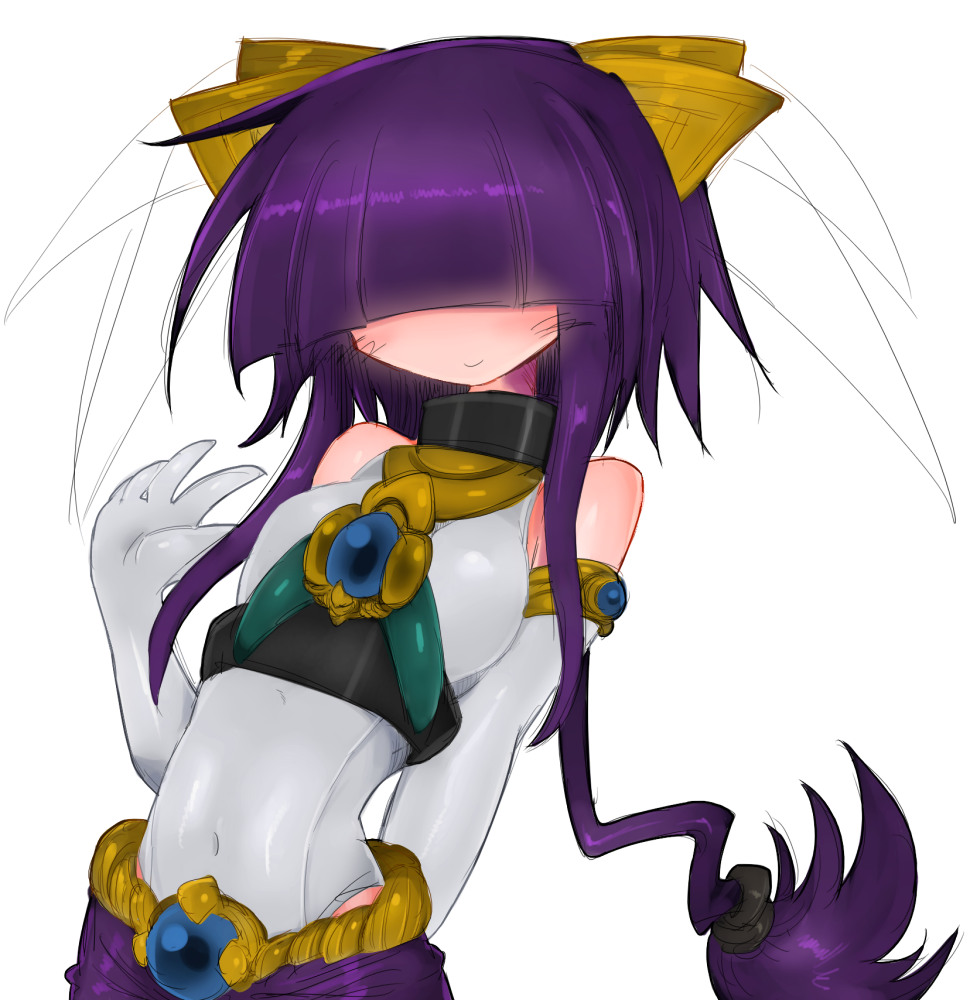 1girl, bangs, bare_shoulders, blush, covered_navel, elbow_gloves, gloves, hair_over_eyes, kyuusui_gakari, nemu_parutenia, original, purple_hair, short_hair, short_hair_with_long_locks, sidelocks, smile, solo