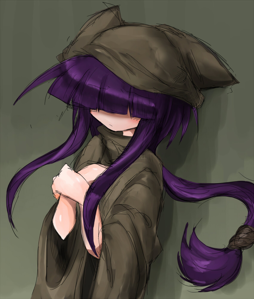 1girl, bangs, blush, cloak, hair_over_eyes, kyuusui_gakari, nemu_parutenia, original, purple_hair, short_hair, short_hair_with_long_locks, sidelocks, solo