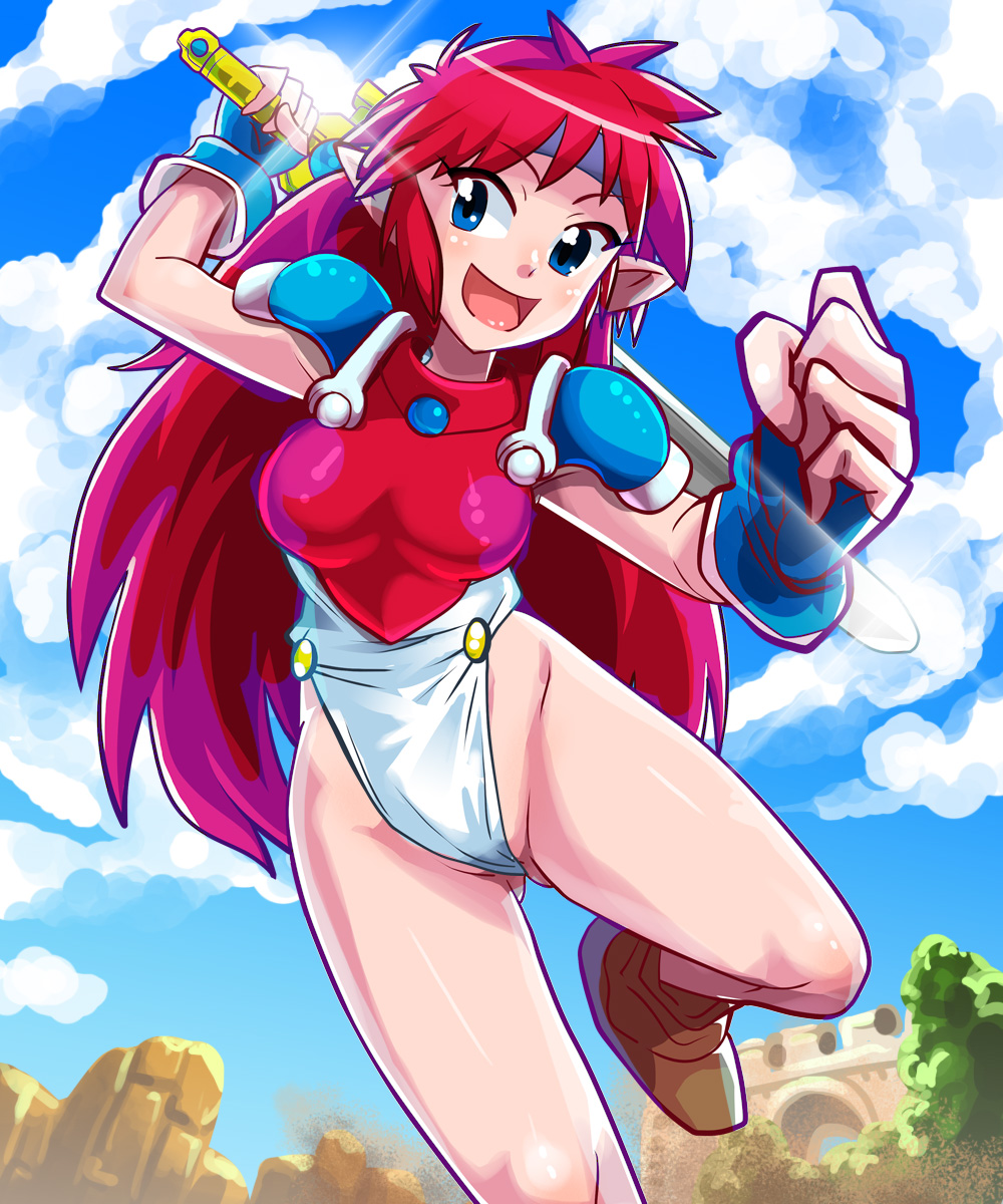 1girl, :d, blue_eyes, blue_gloves, breastplate, brown_shoes, clouds, cowboy_shot