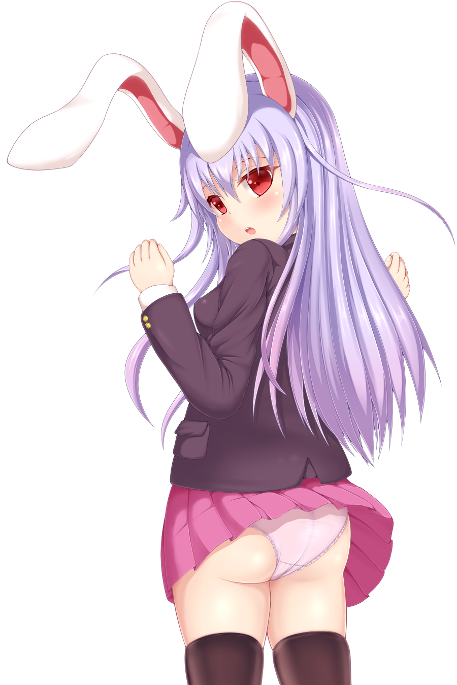 1girl, animal_ears, black_legwear, blazer, highres, long_hair, looking_back, nyako_(hitsuzineko3), open_mouth, panties, pantyshot, pantyshot_(standing), pink_panties, purple_hair, rabbit_ears, red_eyes, reisen_udongein_inaba, solo, standing, touhou, underwear