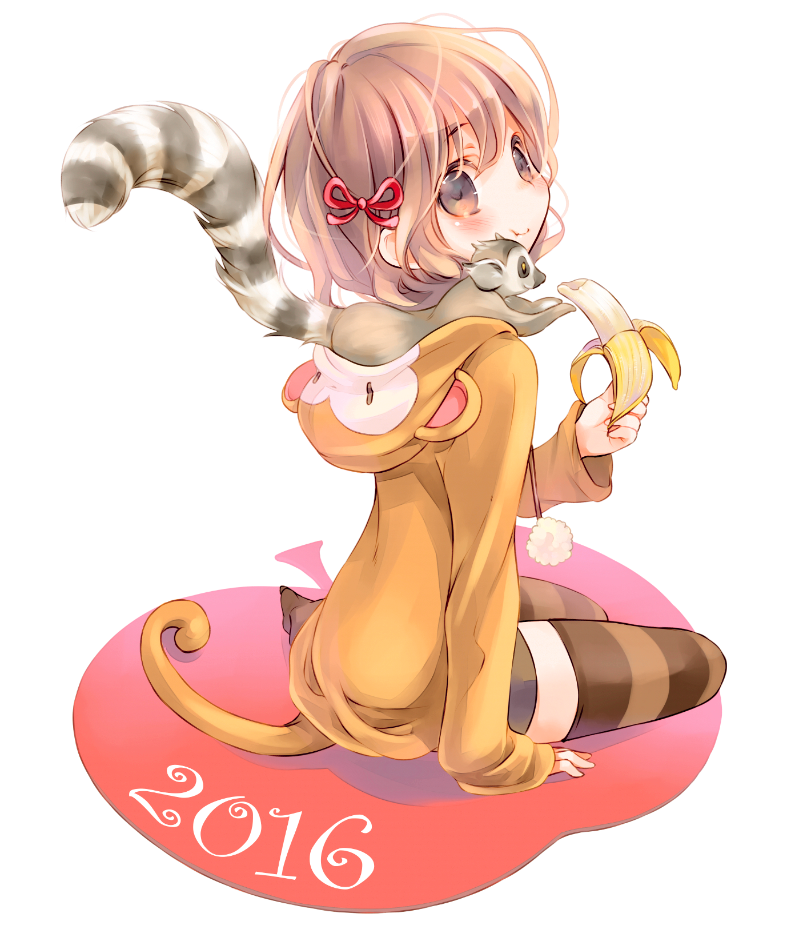 1girl, 2016, animal, animal_costume, banana, bangs, blush, eating
