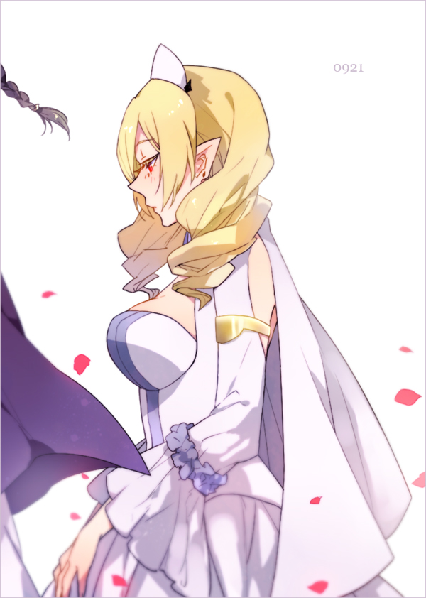 1boy, 1girl, aiwm, blonde_hair, blush, breasts, cleavage, crowley_eusford