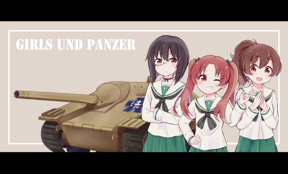 3girls, :d, ;d, ascot, black_hair, brown_eyes, brown_hair, caterpillar_tracks