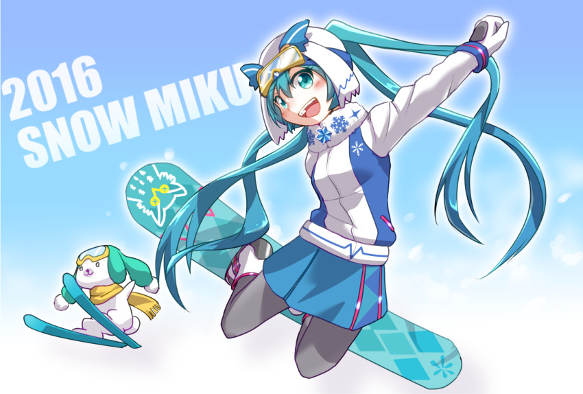 1girl, 2016, aqua_eyes, aqua_hair, blush, character_name, gloves, goggles