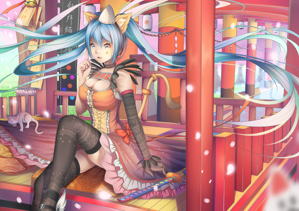 1girl, alternate_costume, animal_ears, bangs, bell, black_legwear, black_shoes, blue_eyes
