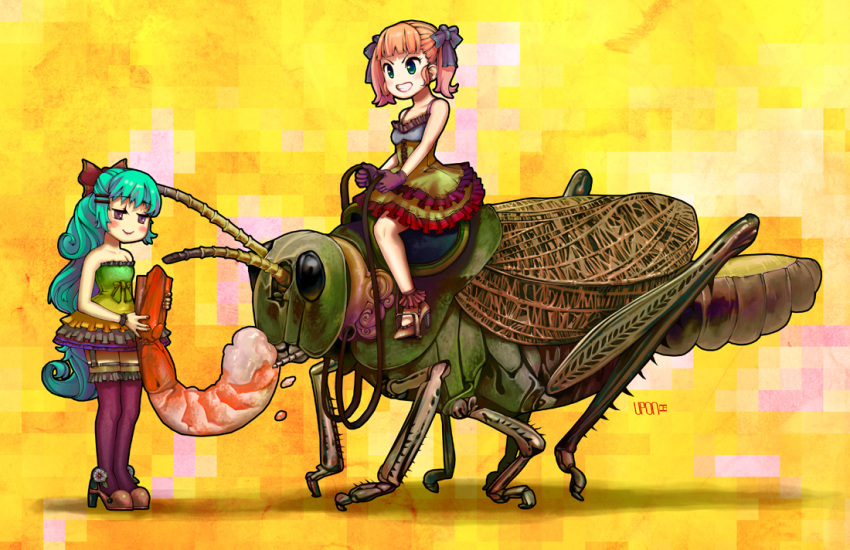 crustacean, dress, garter_belt, grasshopper, long_hair, minigirl, pink_hair, riding