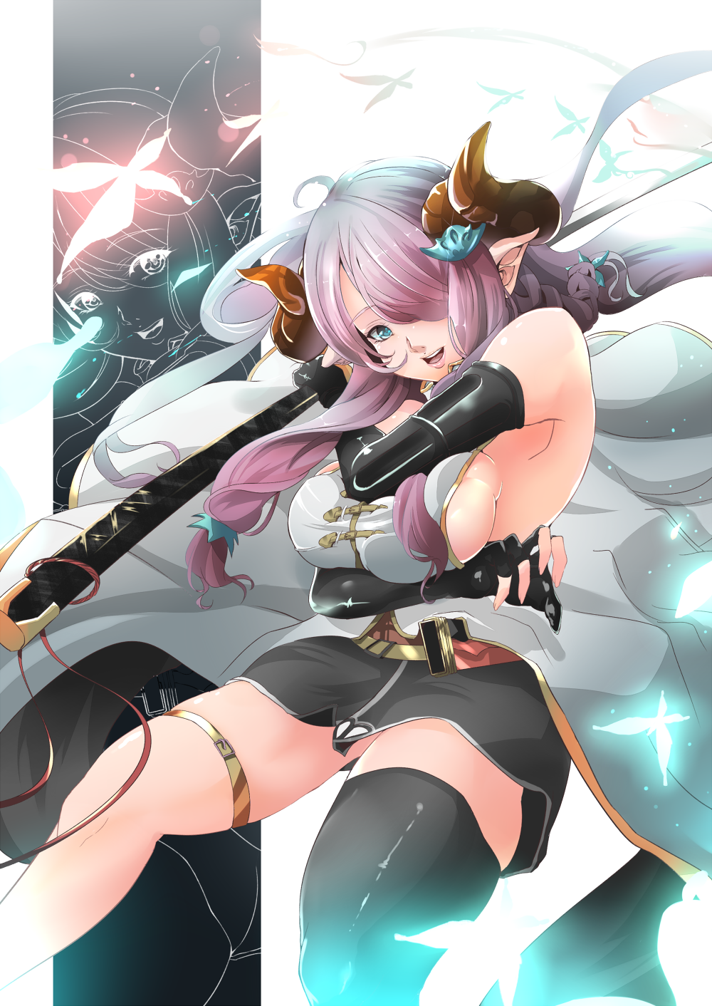 1girl, ahoge, belt, black_gloves, blue_eyes, braid, breast_hold, breasts