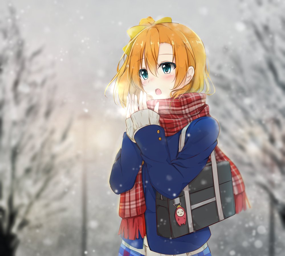 1girl, bag, blowing_on_hands, blue_eyes, breath, kousaka_honoka, long_sleeves, love_live!_school_idol_project