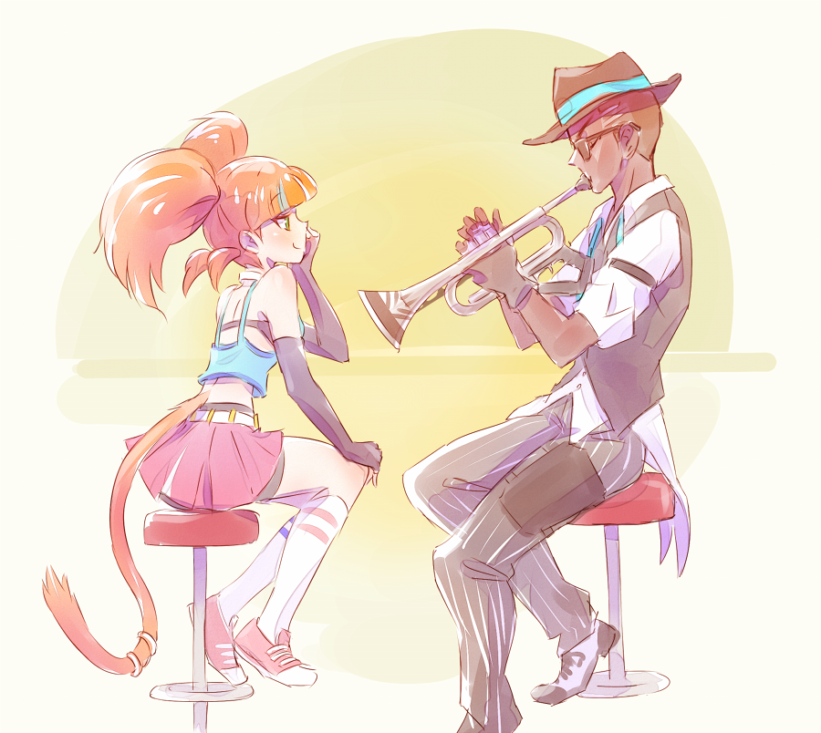 1boy, 1girl, cat_tail, coattails, dark_skin, dress_shoes, fedora, flynt_coal