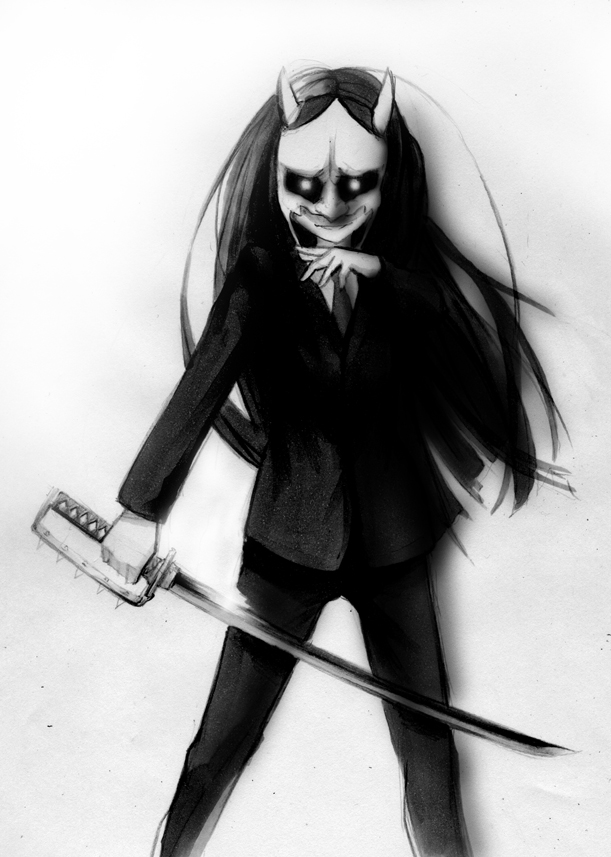 formal, glowing, glowing_eyes, grin, hannya, horns, kirisaki_shiruku, kyouran_kazoku_nikki, long_hair, mask, monochrome, necktie, shinigami, smile, suit, sword, weapon, yorugata