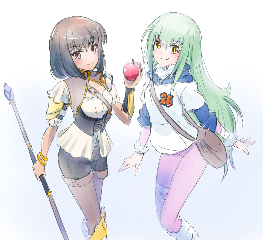 2girls, amber_(rwby), apple, brown_hair, character_request, food, fruit, green_hair