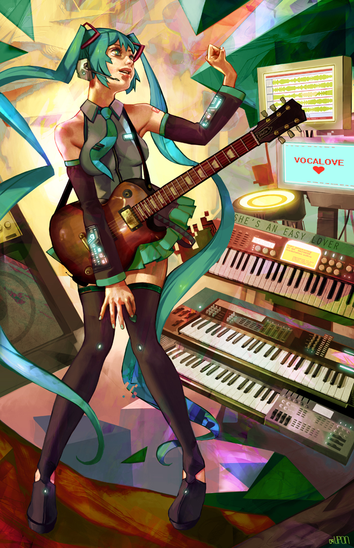 detached_sleeves, guitar, hatsune_miku, headset, heart, instrument, keyboard, keyboard_(instrument), necktie, skirt, thigh-highs, thighhighs, twintails, upon_thou_fair_cat, vocaloid