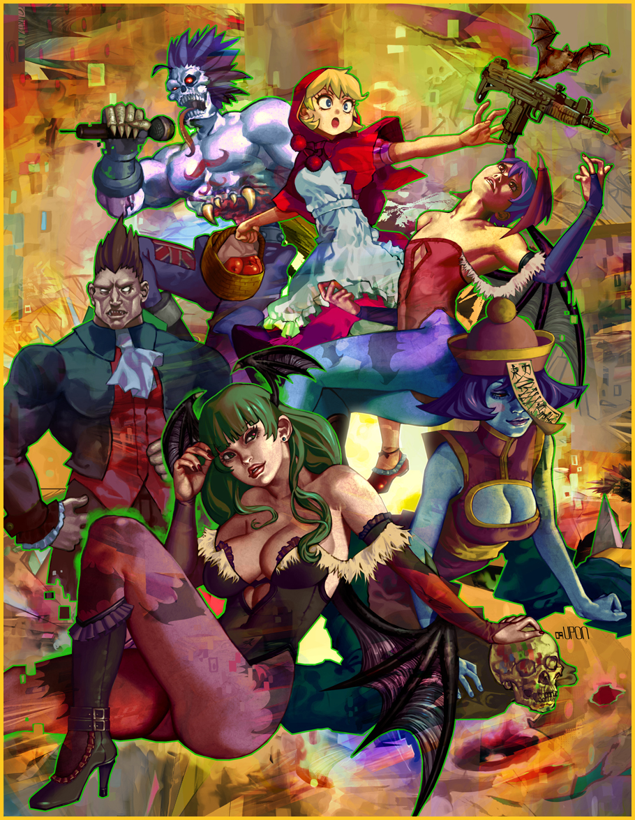 4girls, ahoge, apple, apron, arm_support, arm_up, armpits, bangs