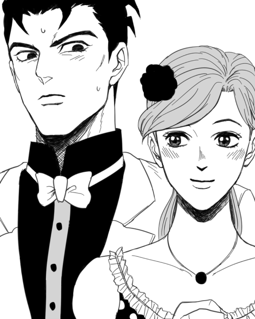1boy, 1girl, bowtie, collarbone, crosshatching, dress, flower, hage_tashuumi