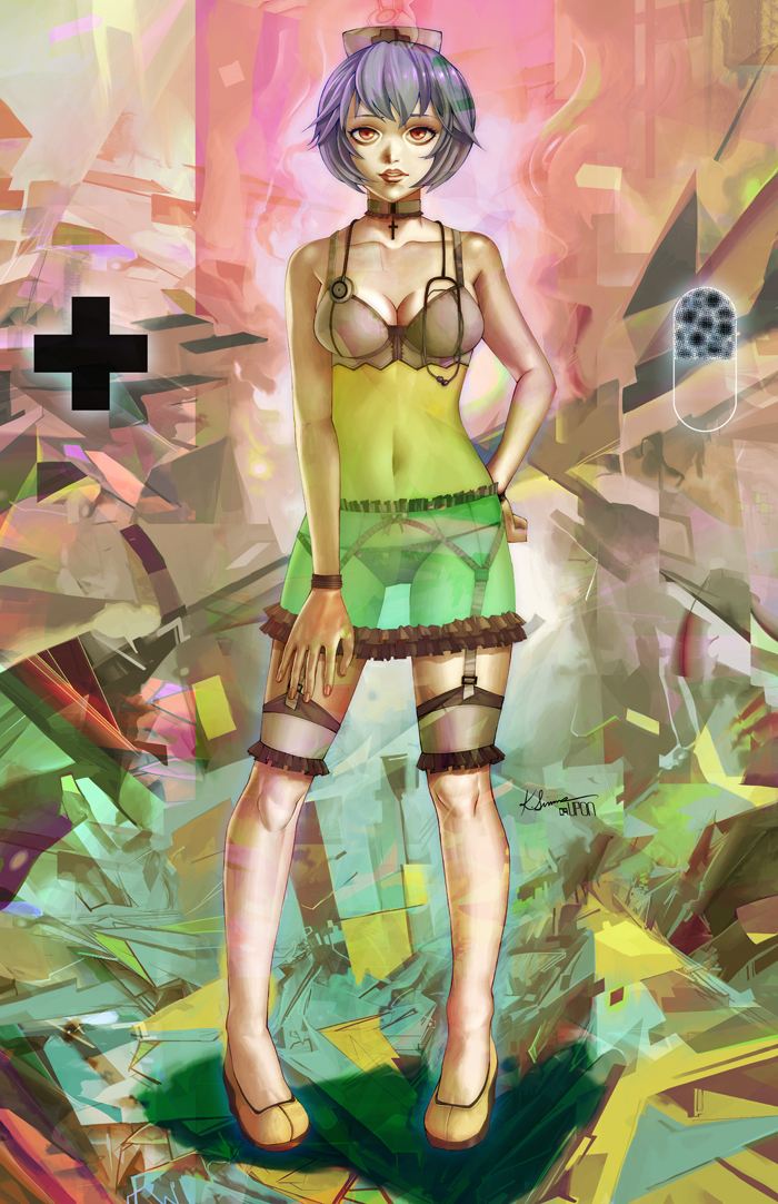 blue_hair, bra, choker, hand_on_hip, hat, lingerie, neon_genesis_evangelion, nurse_cap