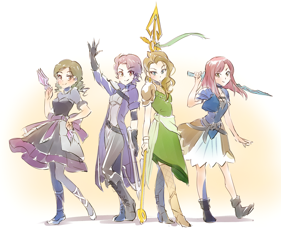 4girls, armor, belt, boots, bow, bow_(weapon), brown_hair, crossbow