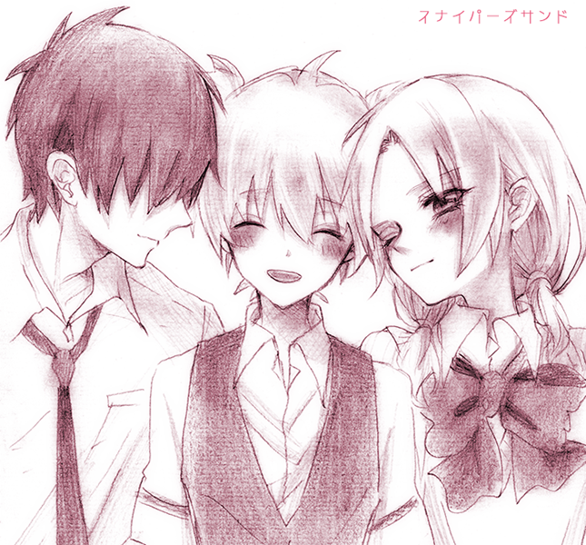 1girl, 2boys, ansatsu_kyoushitsu, ayasemn, blush, braid, chiba_ryuunosuke, closed_eyes