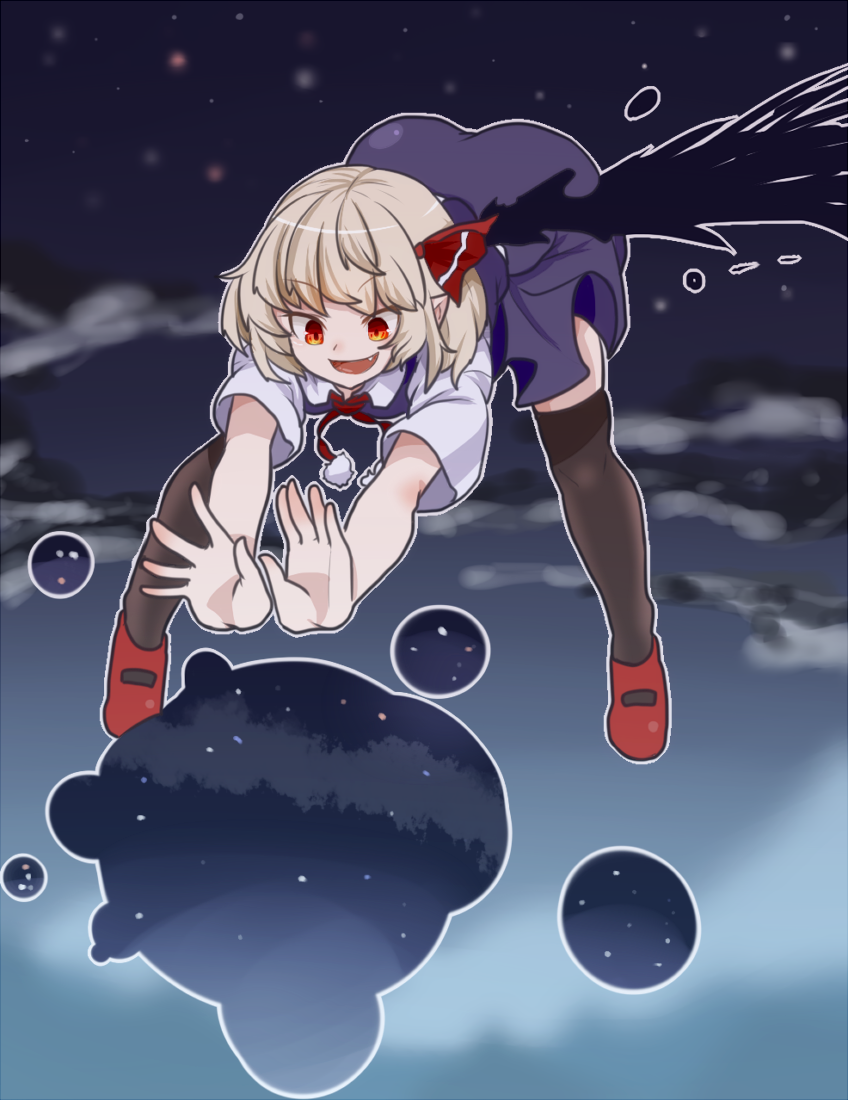 1girl, :d, bent_over, blonde_hair, darkness, dress, fang, hair_ribbon, hiedanotsukai, ink, open_mouth, pointy_ears, red_shoes, ribbon, rumia, shoes, short_hair, single_wing, smile, solo, thigh-highs, touhou, tsurime, wings