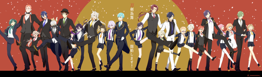 6+boys, ahoge, aizen_kunitoshi, akashi_kuniyuki, akita_toushirou, atsushi_toushirou, black_gloves, black_hair, black_legwear, blonde_hair, blue_eyes, blue_hair, brown_hair, dress, eyepatch, fox, glasses, gloves, gokotai, green_eyes, green_hair, grin, hakata_toushirou, hat, highres, hirano_toushirou, honebami_toushirou, hotarumaru, ichigo_hitofuri, ima-no-tsurugi, ishikirimaru, iwatooshi, kneehighs, kogitsunemaru, maeda_toushirou, male_focus, midare_toushirou, mikazuki_munechika, mou_(mooooow), multiple_boys, nakigitsune, nakigitsune's_fox, namazuo_toushirou, necktie, nikkari_aoe, open_mouth, otoko_no_ko, petals, pink_hair, ponytail, red_eyes, redhead, shokudaikiri_mitsutada, shorts, silver_hair, smile, suspenders, tonbokiri_(touken_ranbu), touken_ranbu, translation_request, uguisumaru, white_gloves, white_hair, yagen_toushirou, yellow_eyes