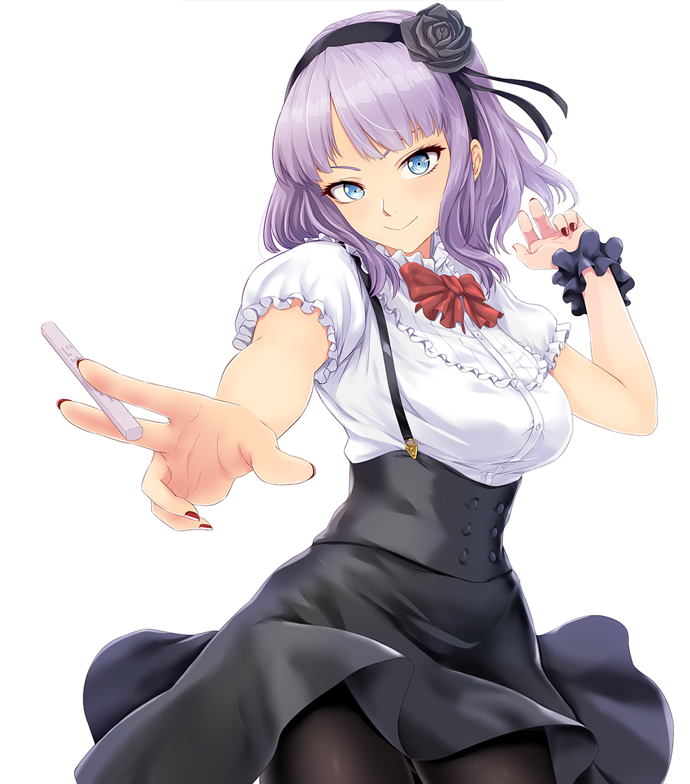 1girl, black_legwear, black_rose, black_skirt, blue_eyes, bow, breasts, candy_stick