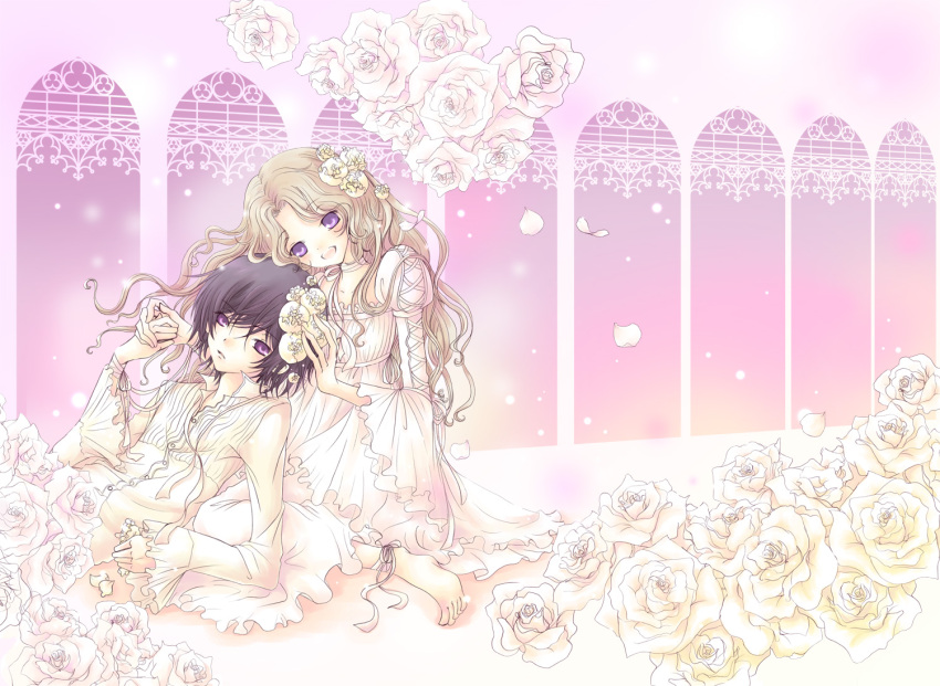 barefoot, black_hair, blonde_hair, code_geass, flower, holding_hands, lelouch_lamperouge, long_hair