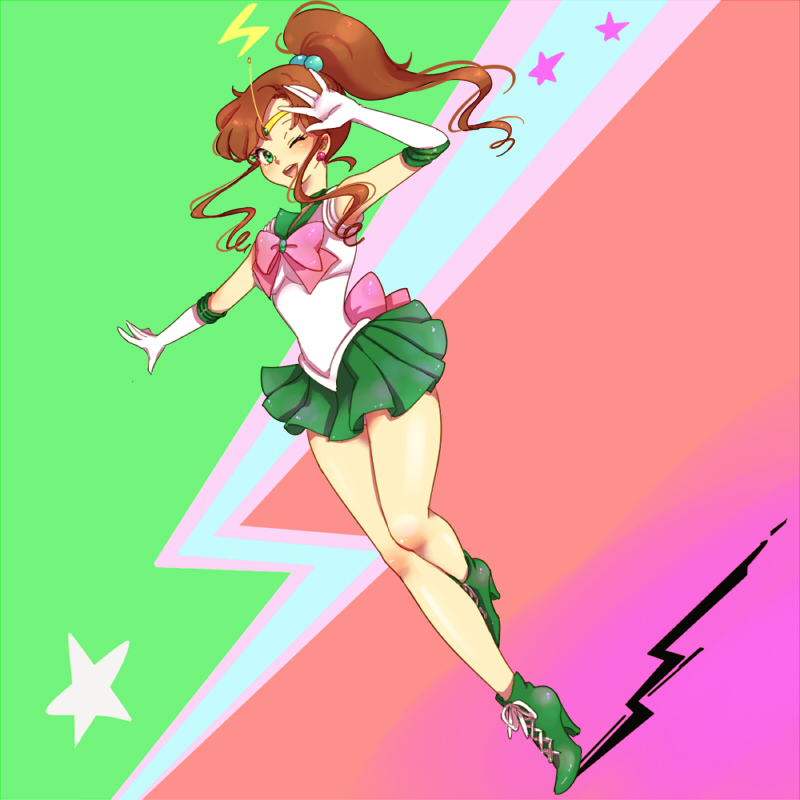 1girl, ;d, ankle_boots, bare_legs, bishoujo_senshi_sailor_moon, boots, bow, brown_hair