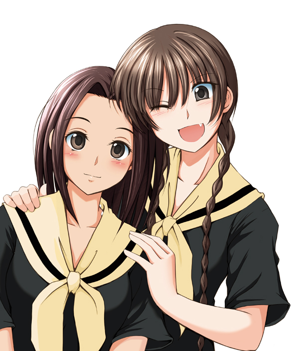 2girls, arima_nana, blush, fang, maria-sama_ga_miteru, multiple_girls, sasaki_akira_(ugc), school_uniform