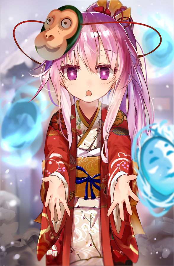 1girl, alternate_costume, alternate_hairstyle, efe, floral_print, hata_no_kokoro, japanese_clothes, kimono, long_sleeves, looking_at_viewer, monkey_mask, obi, open_mouth, outstretched_arms, pink_eyes, pink_hair, ponytail, sash, solo, touhou, wide_sleeves