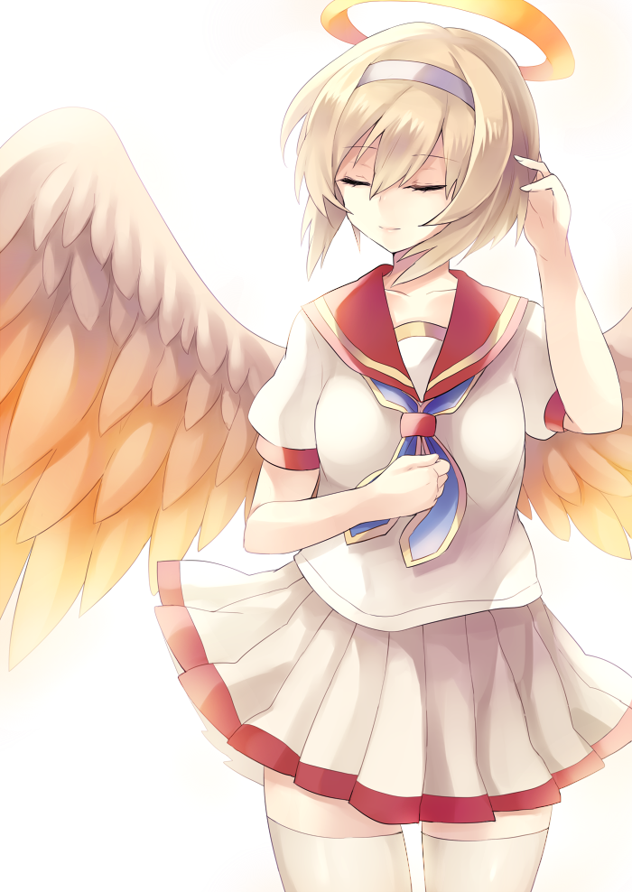 1girl, adjusting_hair, alternate_costume, angel, angel_wings, blonde_hair, closed_eyes, hairband