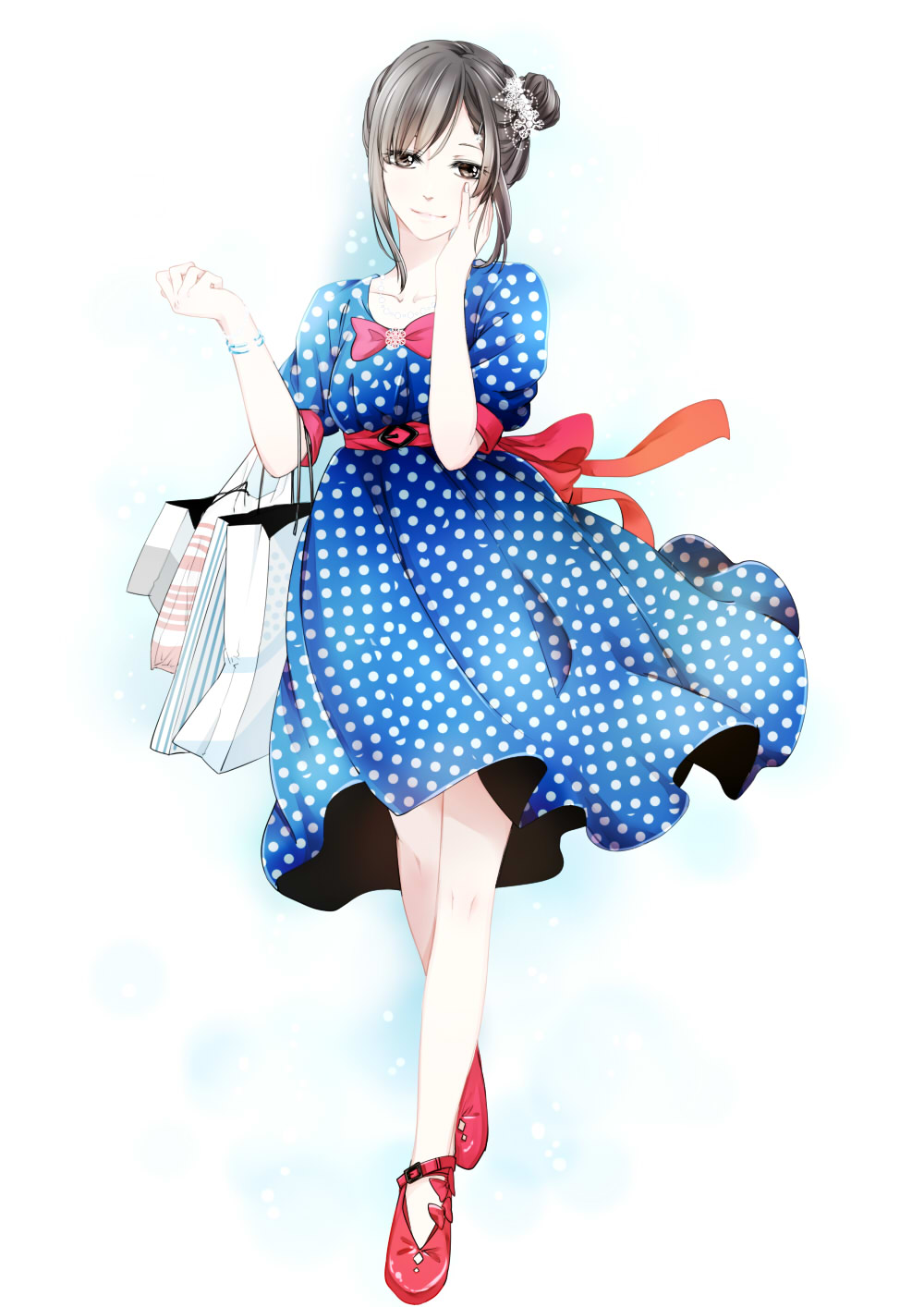 1girl, 2_alice_2, blue_dress, brown_eyes, brown_hair, dress, hair_ornament, highres, short_hair, simple_background, solo, white_background